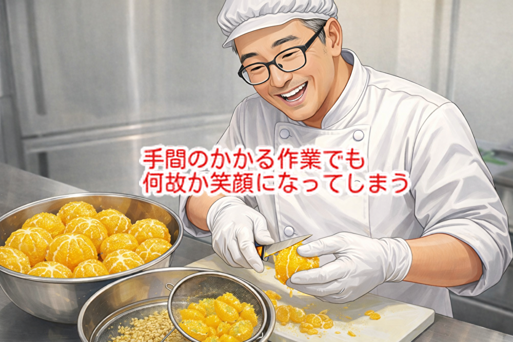 このお菓子の下処理作業は大変ですが何故か笑顔になってしまう...